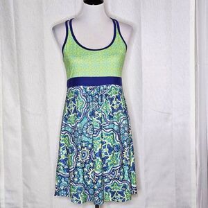 TEHAMA Green & Navy Blue Cross Strap Athleisure Cotton Blend Stretch Tank Dress